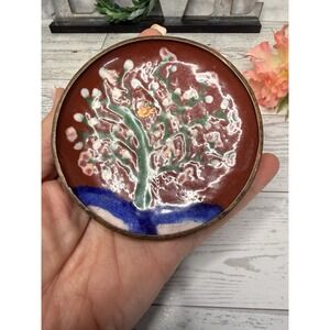 Vintage Asian Copper Cloisonne Enamel Flowering Tree Ornament Trinket Plate